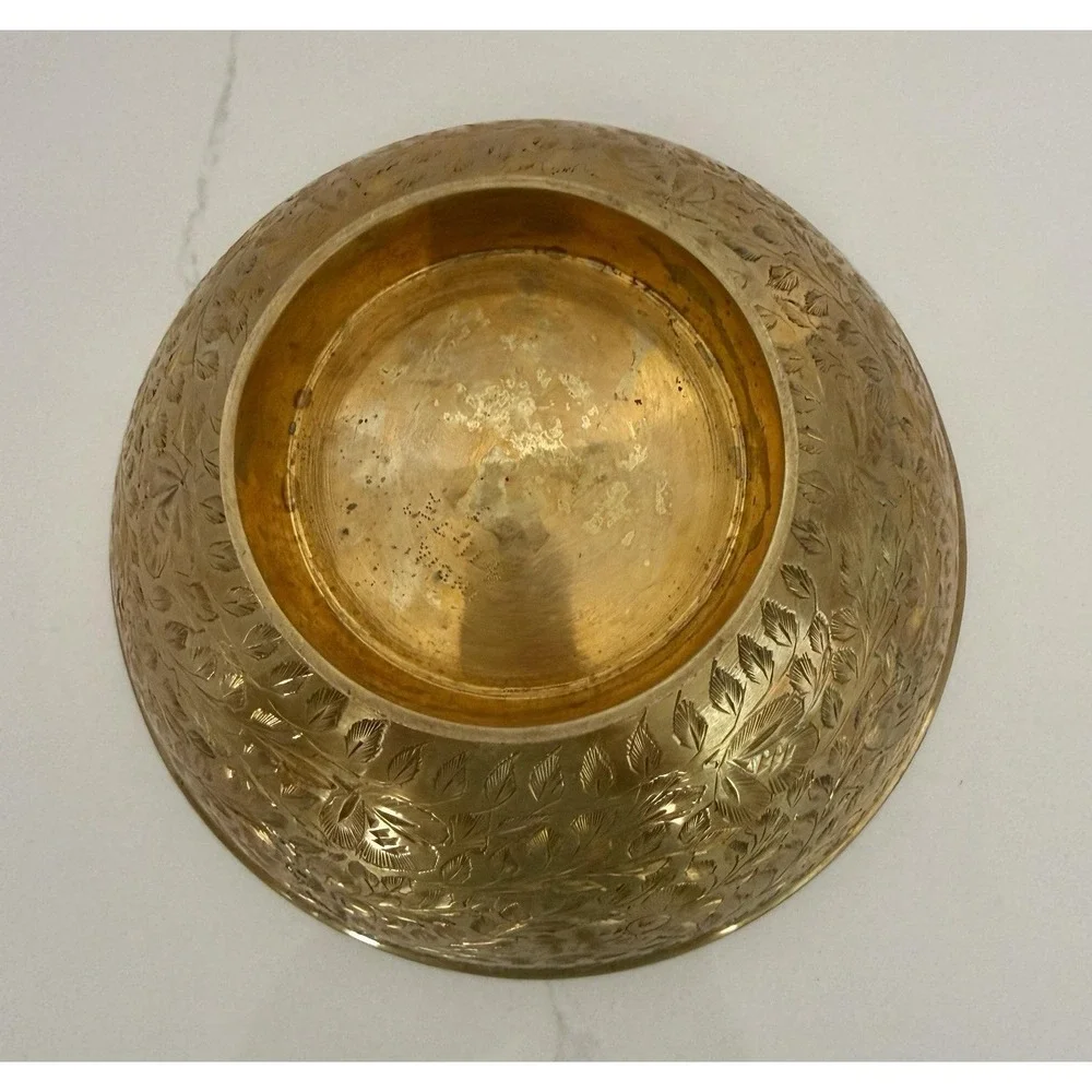 Vintage 1970s Indian Brass Pedestal Bowl, Hand Etched Floral Footed Dish Boho
